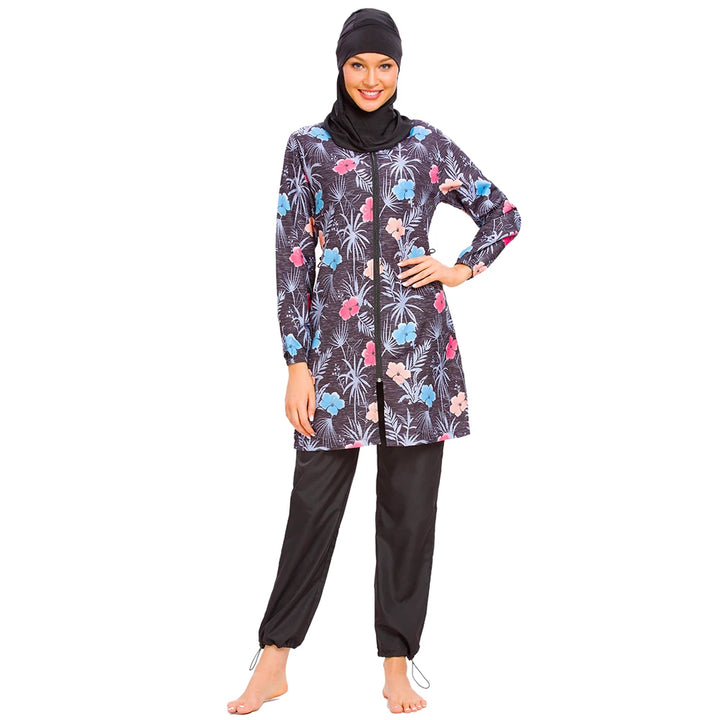 3-piece Arabian modest appareal swimwear including tunic, pants, and cap