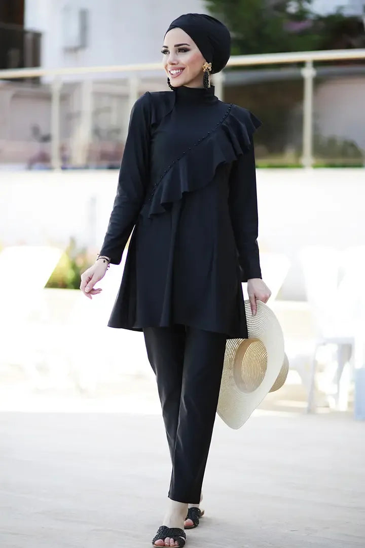 3PCS modest bathing suit set flat laid in black with leggings and cap