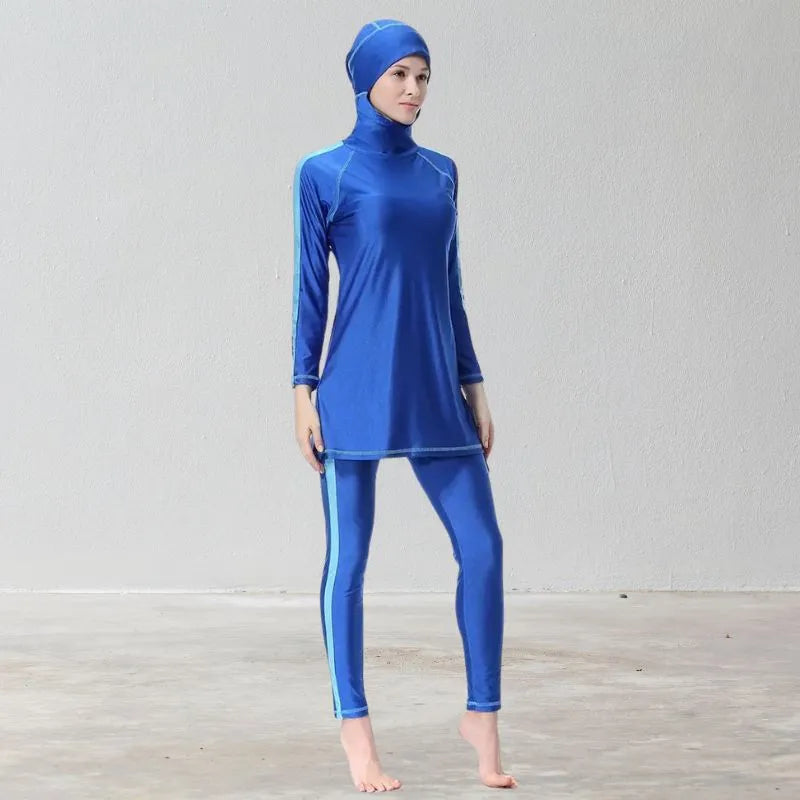 muslim girl wearing blue cute modest swim suit set