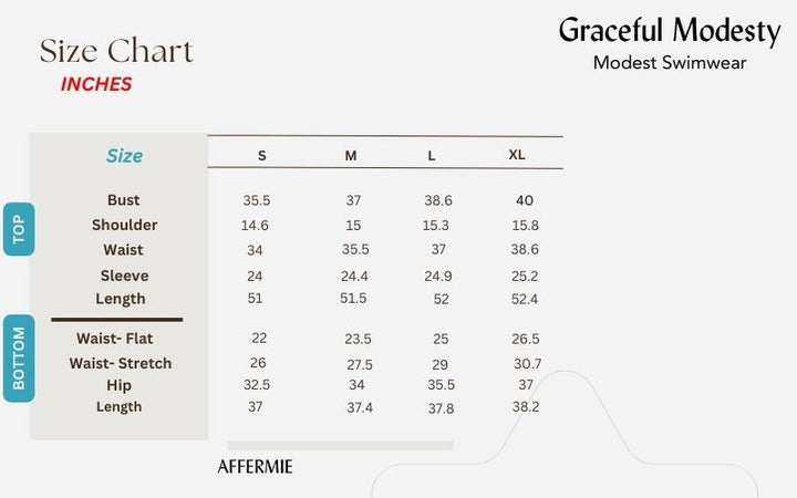 Abaya styled burkini size chart