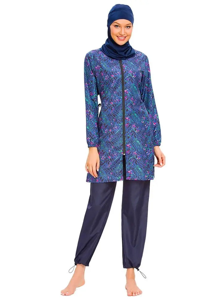 All-covered women’s swimwear in dark blue and black tones