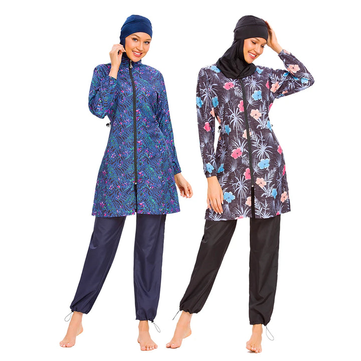 AquaArabesque modest appareal swimwear 3-piece burkini set with floral herringbone print