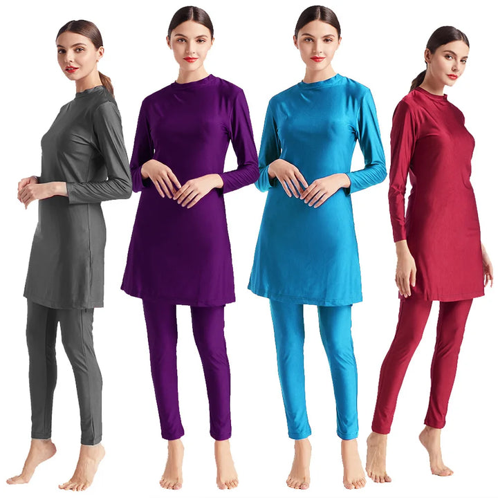 AquaLuxe 3PCS Long-Sleeved Burkini Modest Bikini Set red tunic, leggings, and headscarf