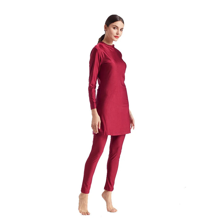 AquaLuxe long-sleeved burkini modest bikini set in red for pool and beach