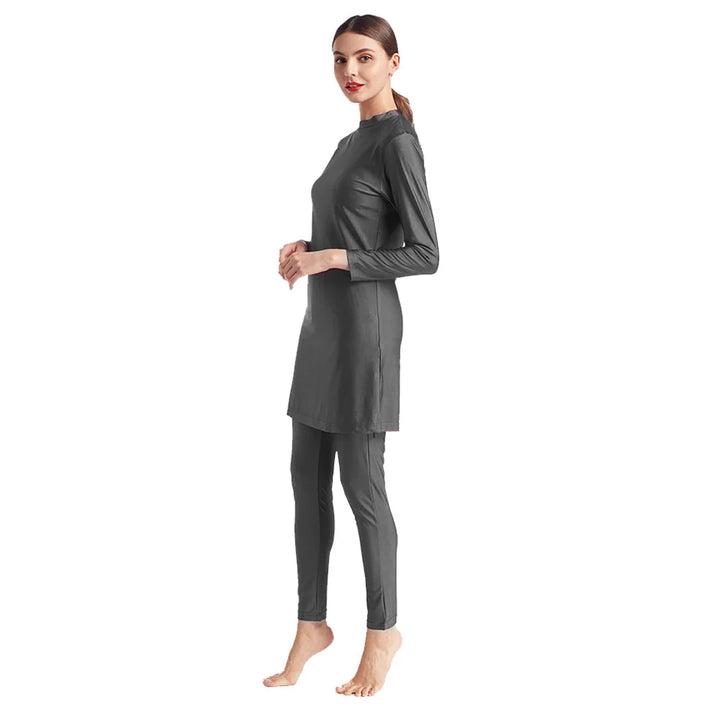 AquaLuxe solid color modest bikini set gray long-sleeved tunic with leggings