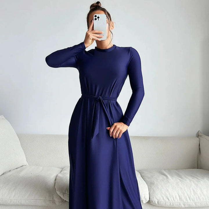 Back view of AzureFlow 2-piece burkini showing smooth and flattering fit