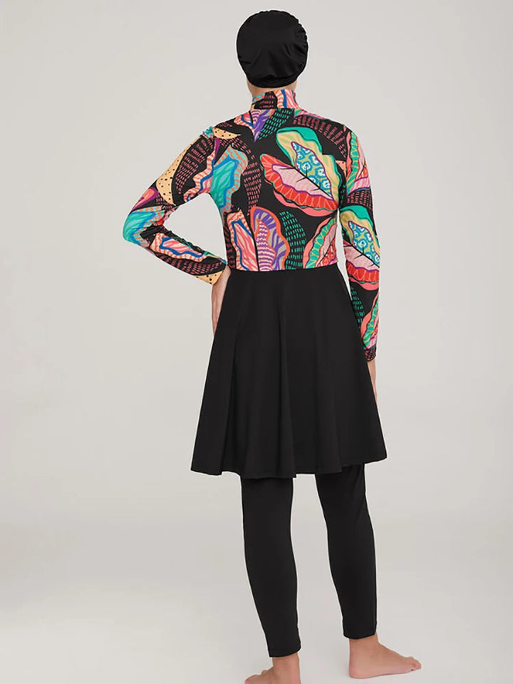 Back view of full coverage swim top and fitted leggings in black