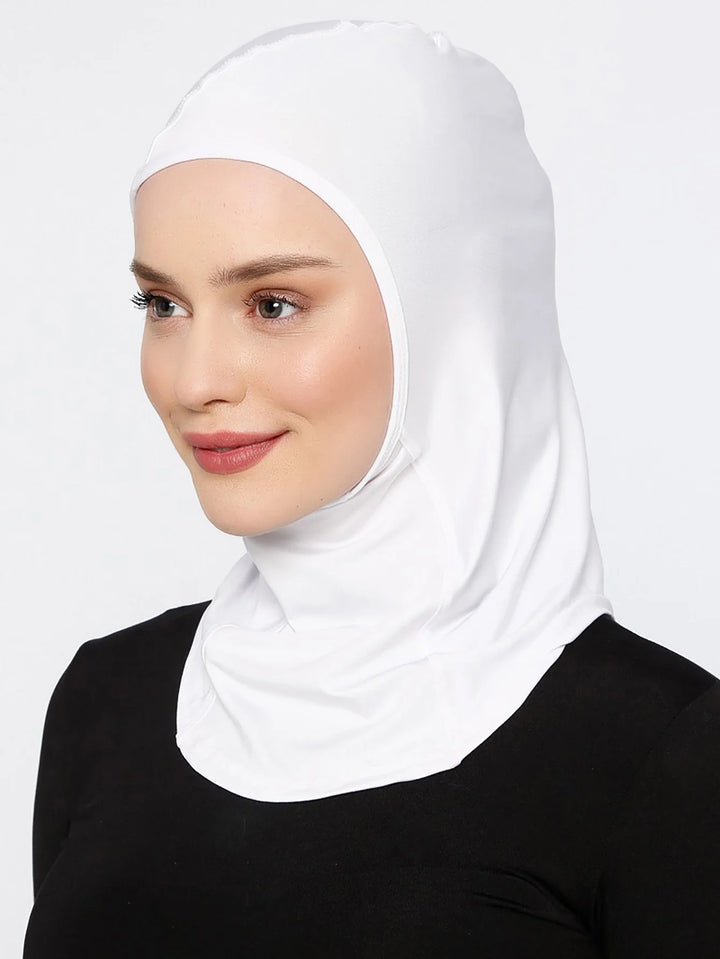 Back view of snug-fitting scarf bonnet for sports use