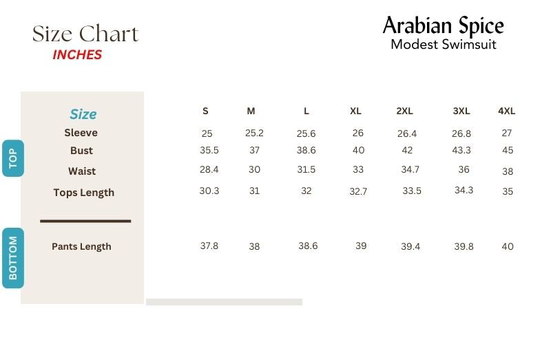 arabian spice modest swimsuit size chart
