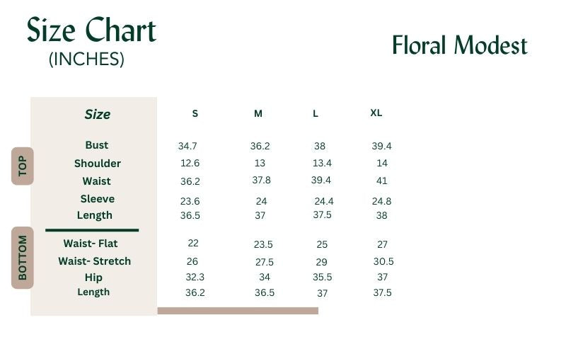 floral modest swimwear size chart