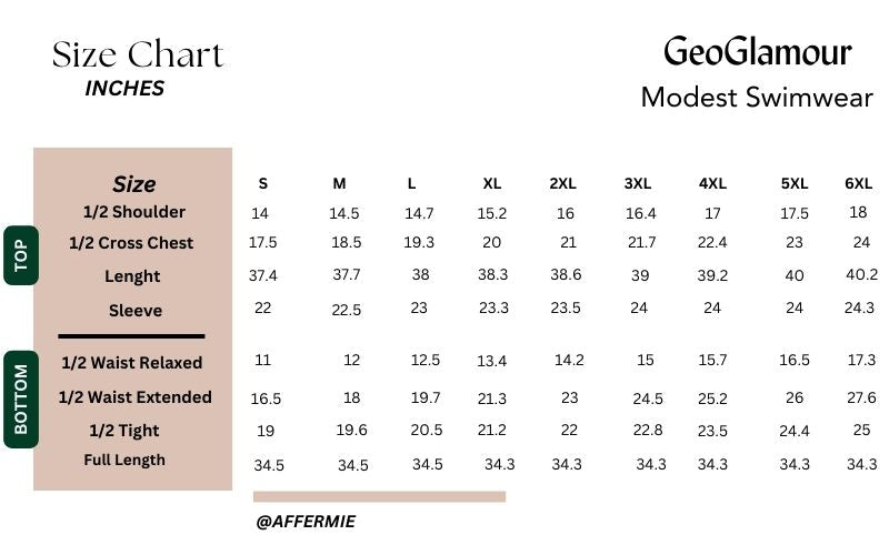 Geoglamour modest swimwear size chart