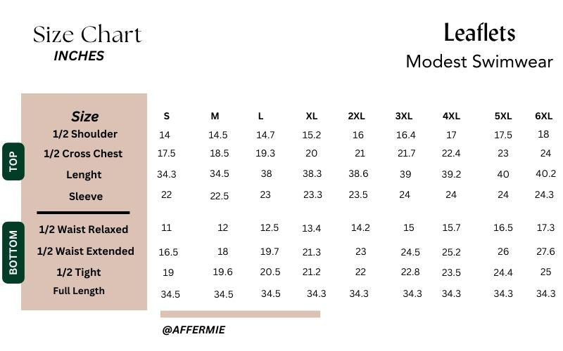 leaflets cute modest swimwear size chart