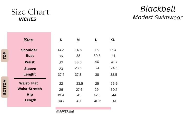 Blackwell modest activewear size chart