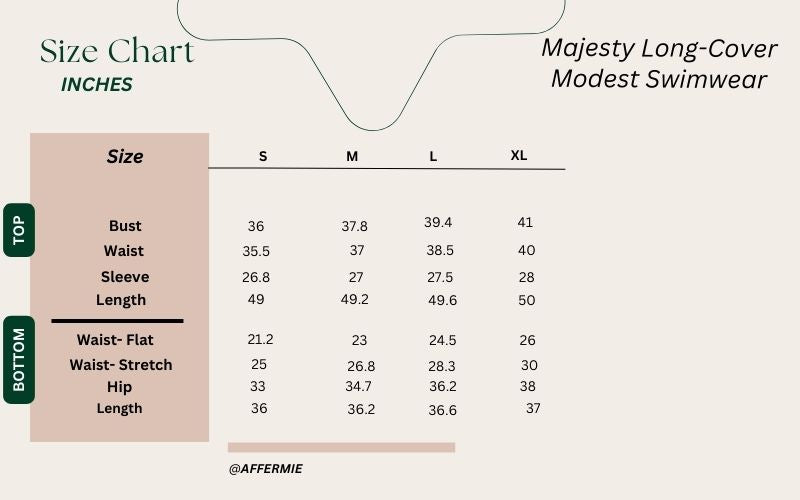modet swimwear size chart