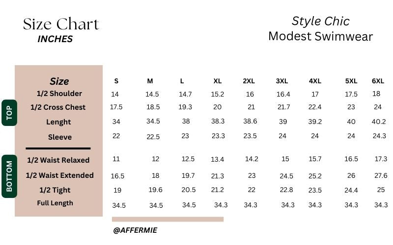 style chic modest swimwear size chart
