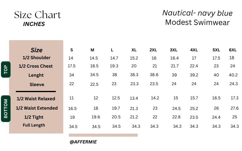 navy blue modest swimwear size chart