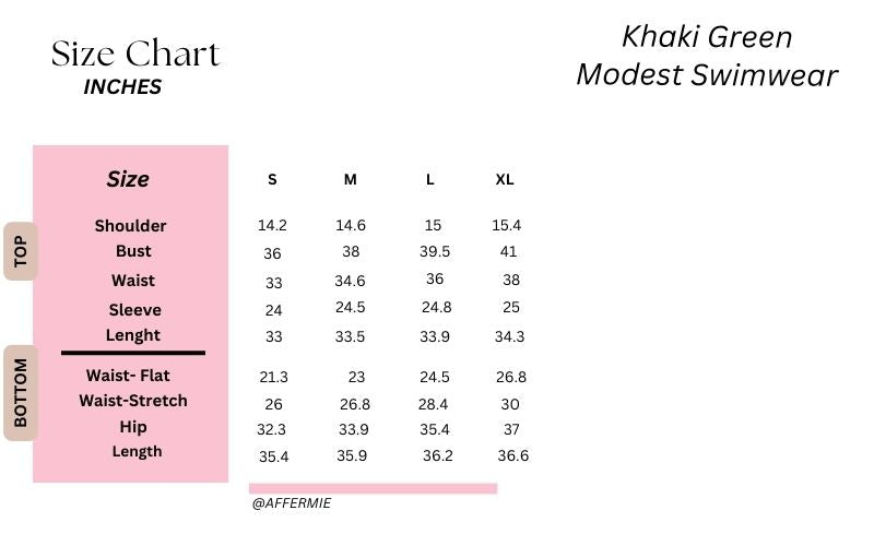 khaki green modest swimwear size chart