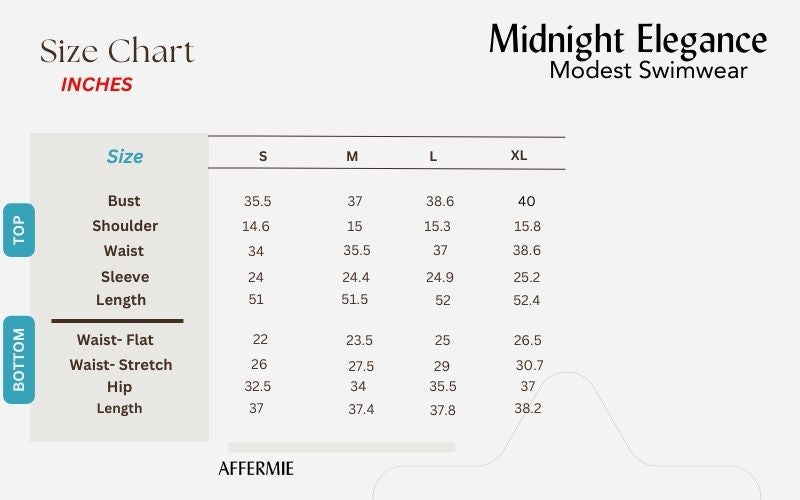 midnight elegance modest swimwear size chart