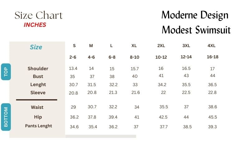 moderne design modest swimsuit size chart