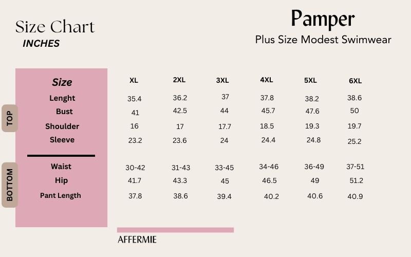 pamper plus size modest swimwear size chart