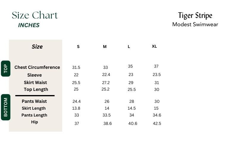 black modest swimwear tiger stripe size chart