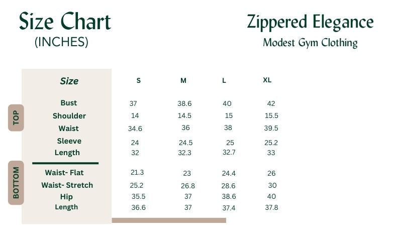 zippered elegance modest gym clothing size chart