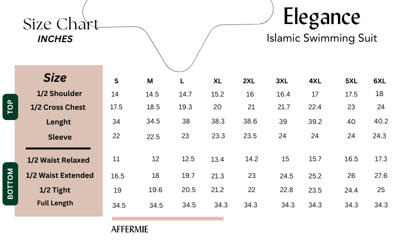 elegance islamic swimming suit size chart