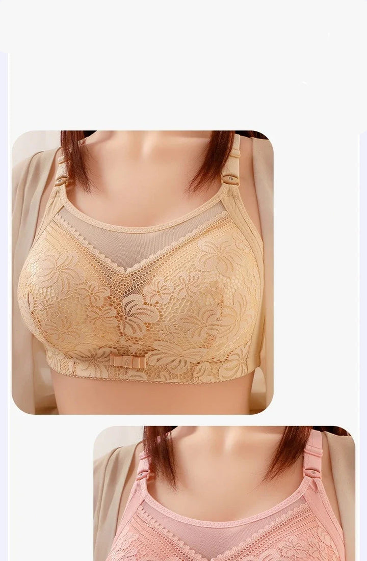 Beige lace bra on a model with 'Skin color' 