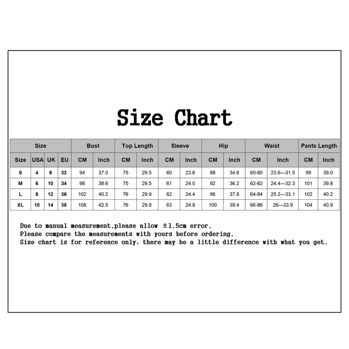 Size chart for clothing measurements in inches and centimeters on a white background