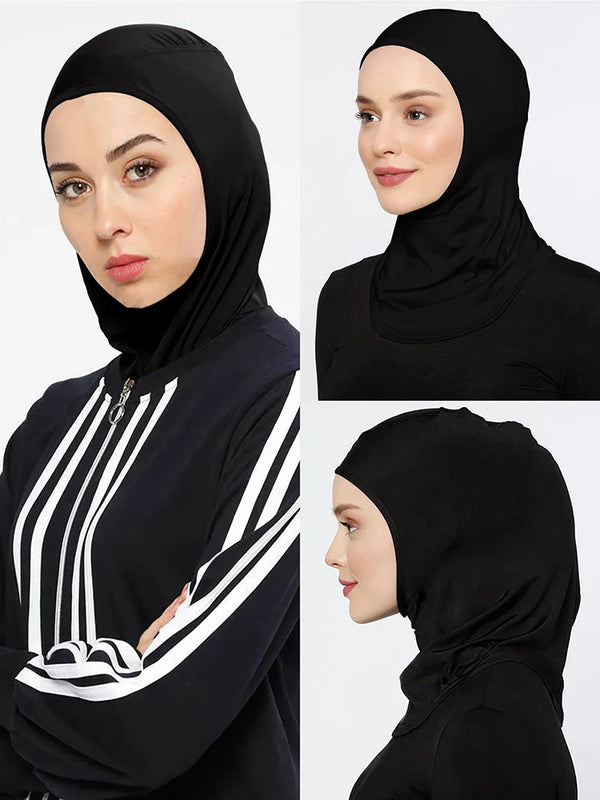 Black sport inner hijab cap displayed on mannequin head