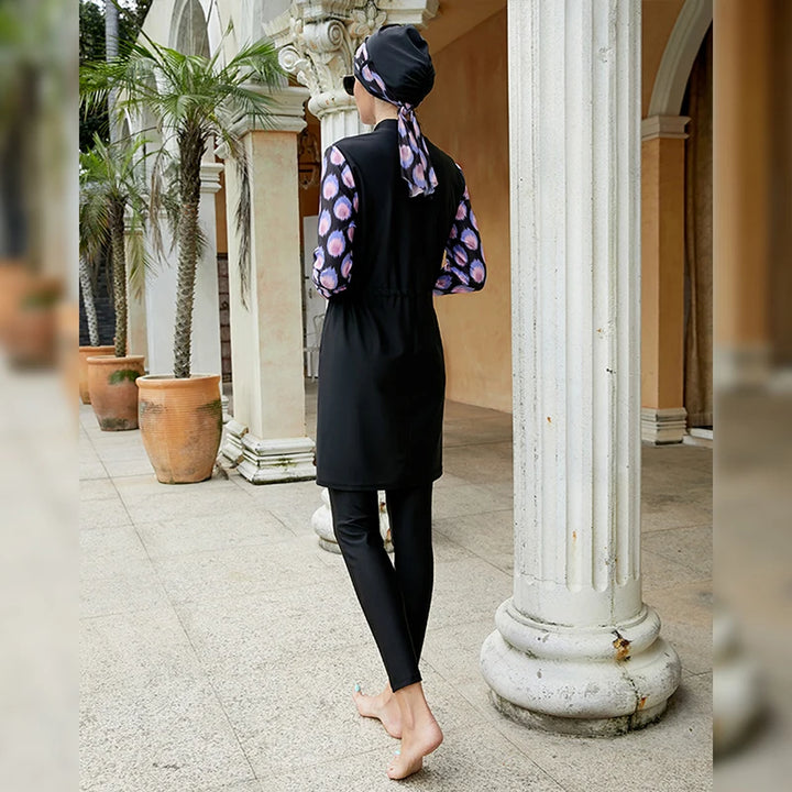 Black tunic burkini with front zipper and patterned scarf