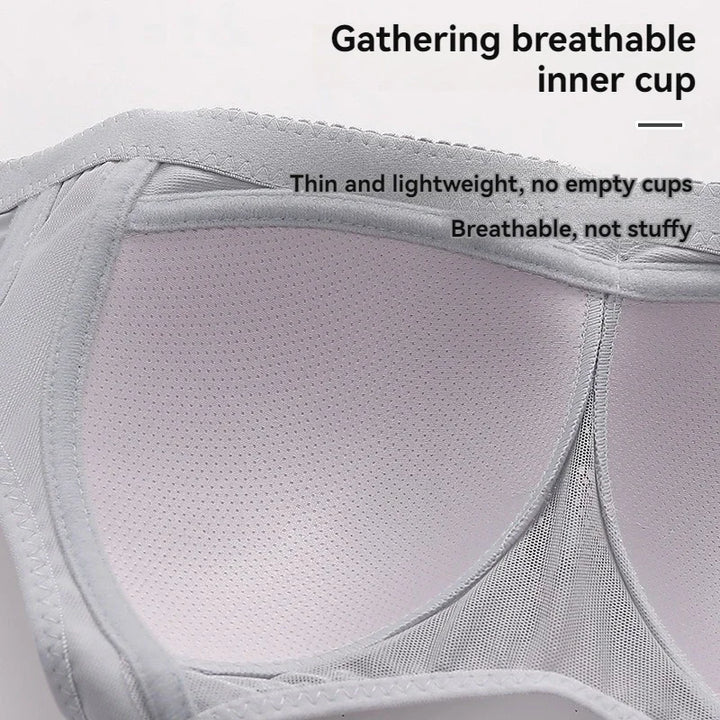 Breathable inner cup of a gray bra with text highlighting features