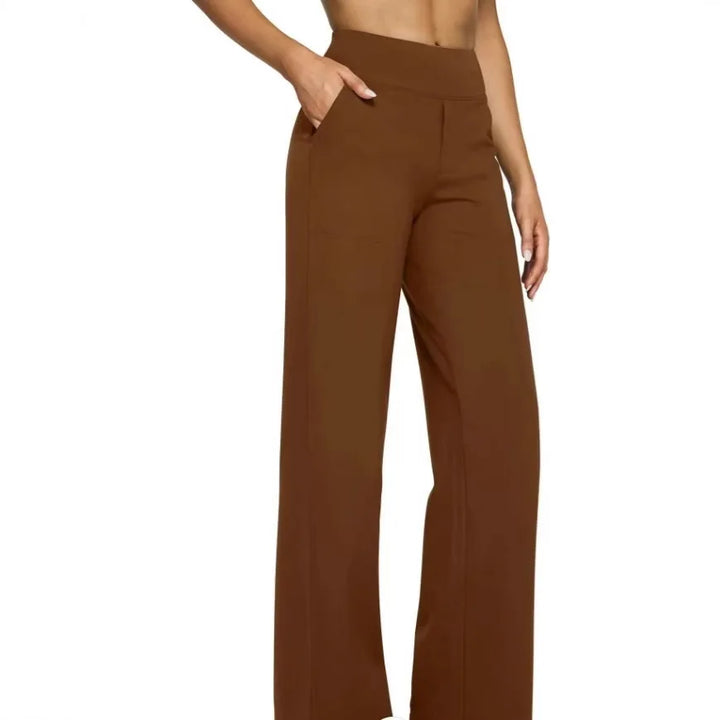 Brown wide-leg pants worn by a person on a white background