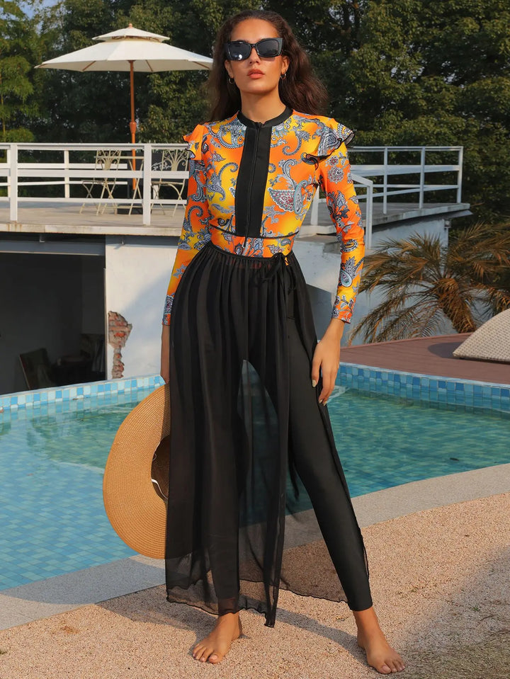 Close-up of front zipper on modest paisley swimsuit with black neckline trim
