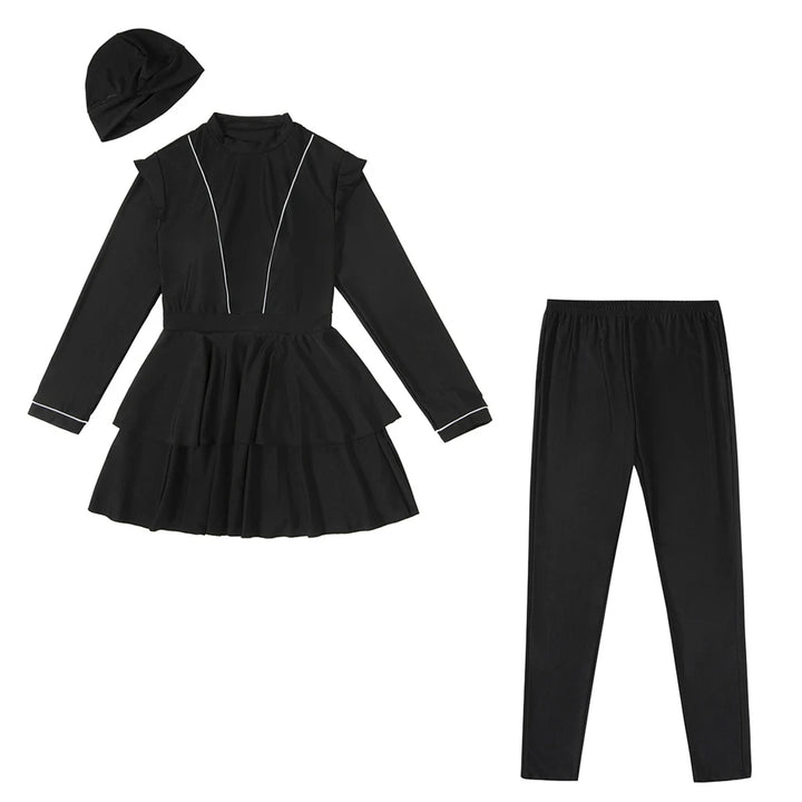 Display of 3PCS modest fashionable swimwear set with tunic, ruffle skirt, and hijab in black