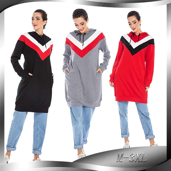 Edge Veil modest longline hoodie with contrast panel design