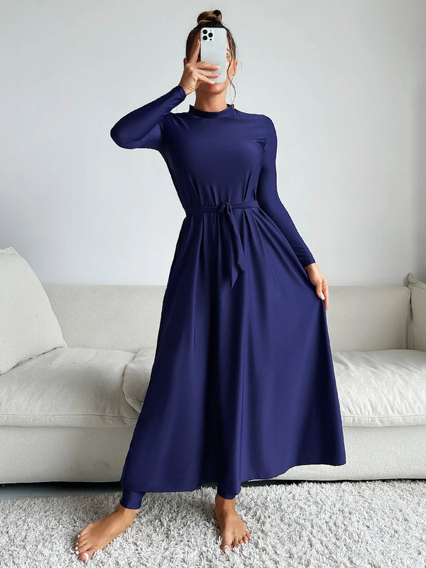 Elegant navy modest 2-piece burkini set with long sleeves and matching belt