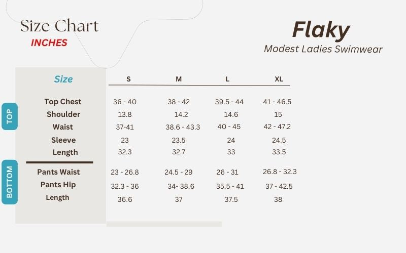 Flaky Modest Ladies Swimwear size chart