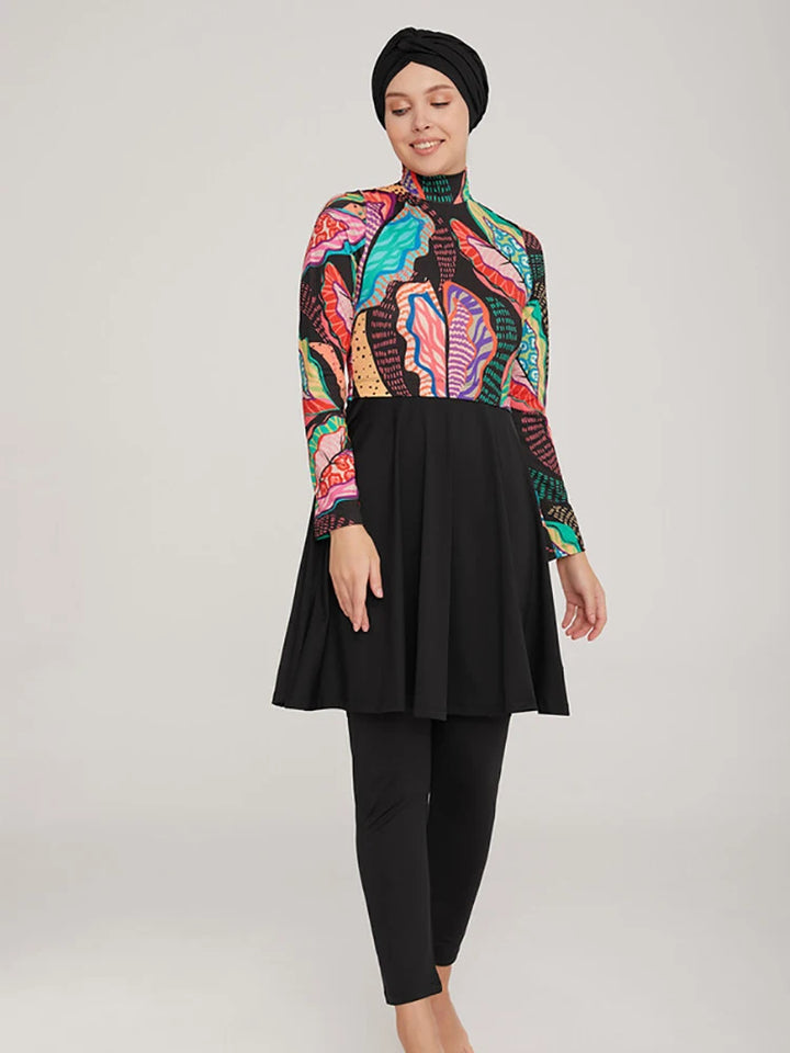 Flat lay of 3PCS swimsuit set including top, leggings, and swim bonnet hijab