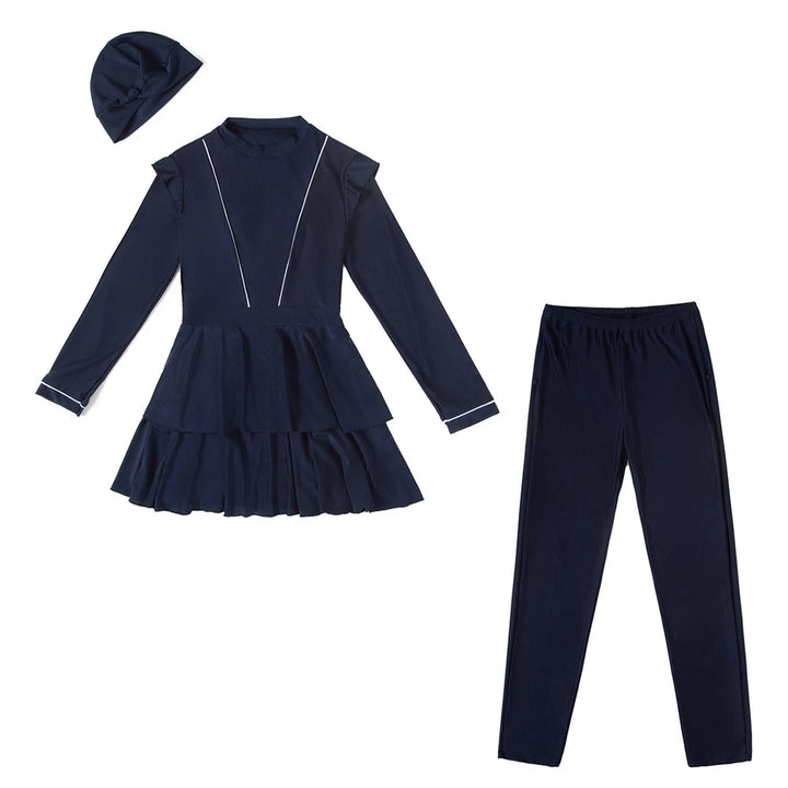 Flat lay of full modest swimwear set in navy blue color with hijab, top, and skirt