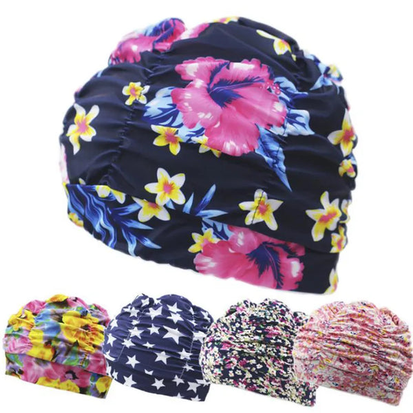 Floral pleated swim cap for long hair modest swimwear