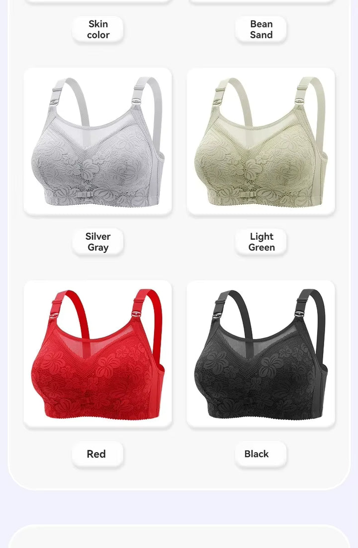 Four sports bras in different colors with color options displayed above each.