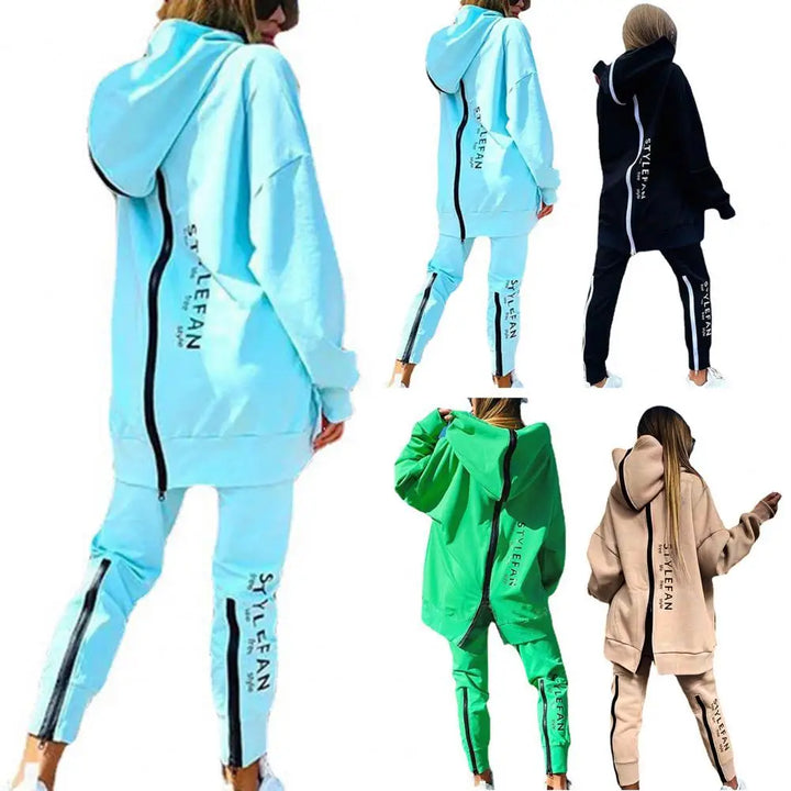 Four views of a tracksuit in different colors with branding on the sleeves.