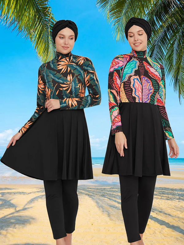 Front view of 3-piece half covered swimsuit with tropical print top, black leggings, and hijab