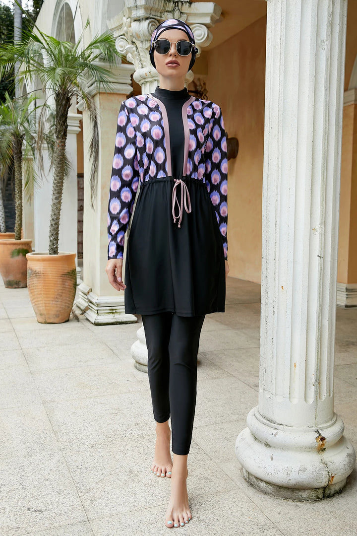 Front view of modest swimwear with unique purple and pink detailing