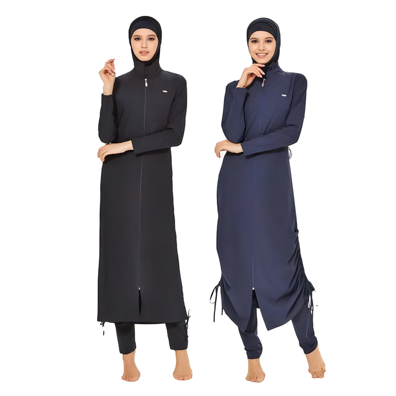 Full coverage burkini set with hijab in black front view