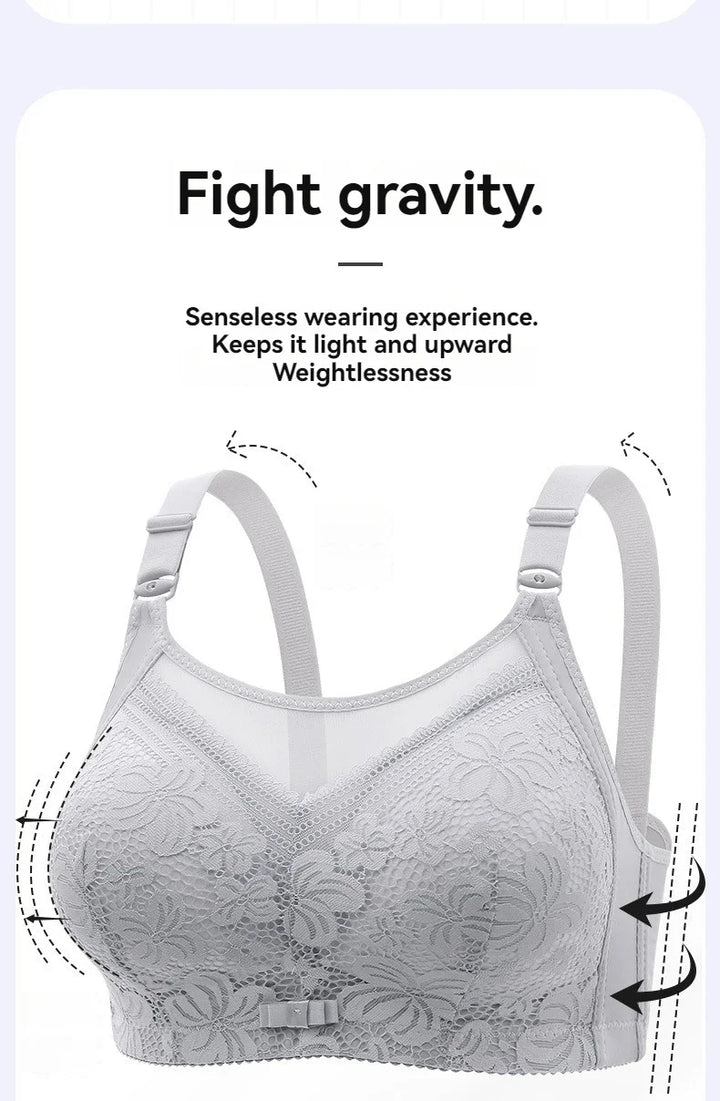 Gray bra with text 'Fight gravity' on a light purple background