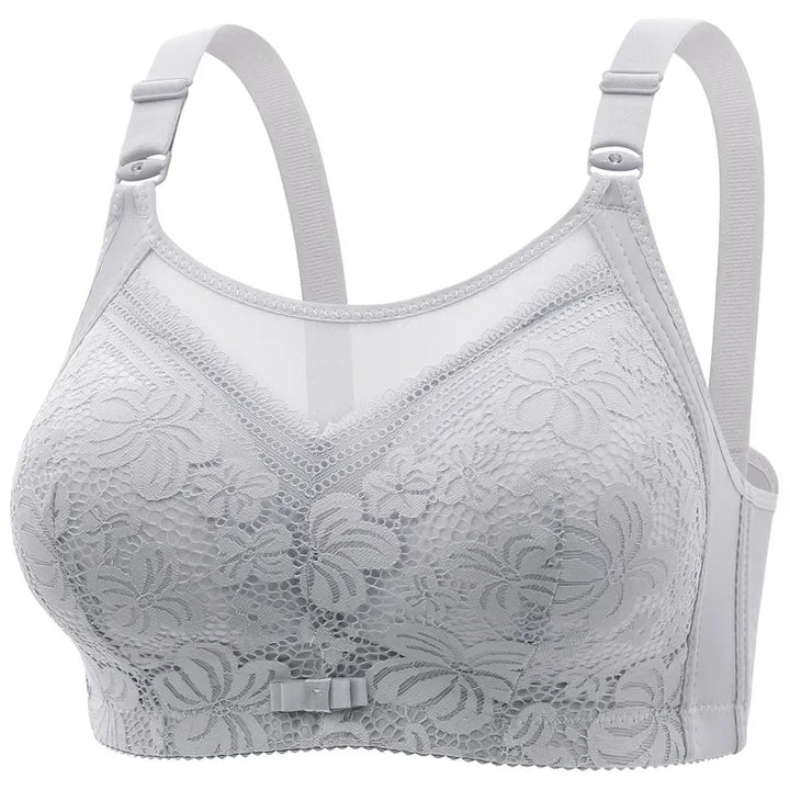 Gray lace bra on a white background