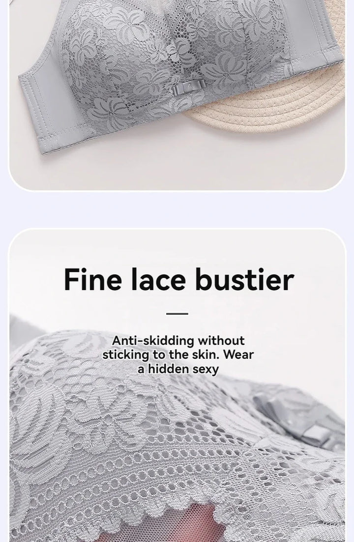 Gray lace bustier with text describing its features on a light background