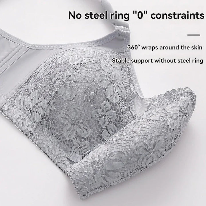 Gray lace underwear with text highlighting features on a white background